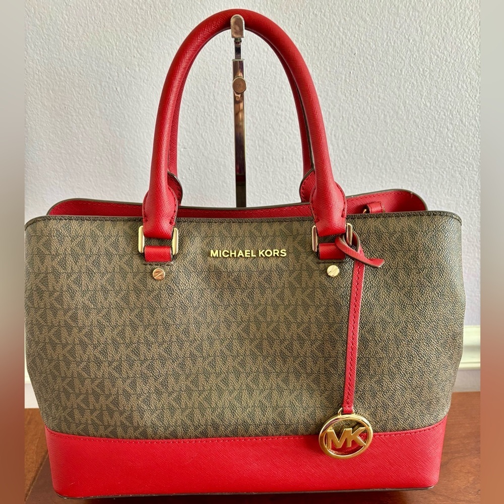 Michael Kors Savannah Large Satchel Bag in Scarlet Red – Leather Handbag - Picture 2 of 14